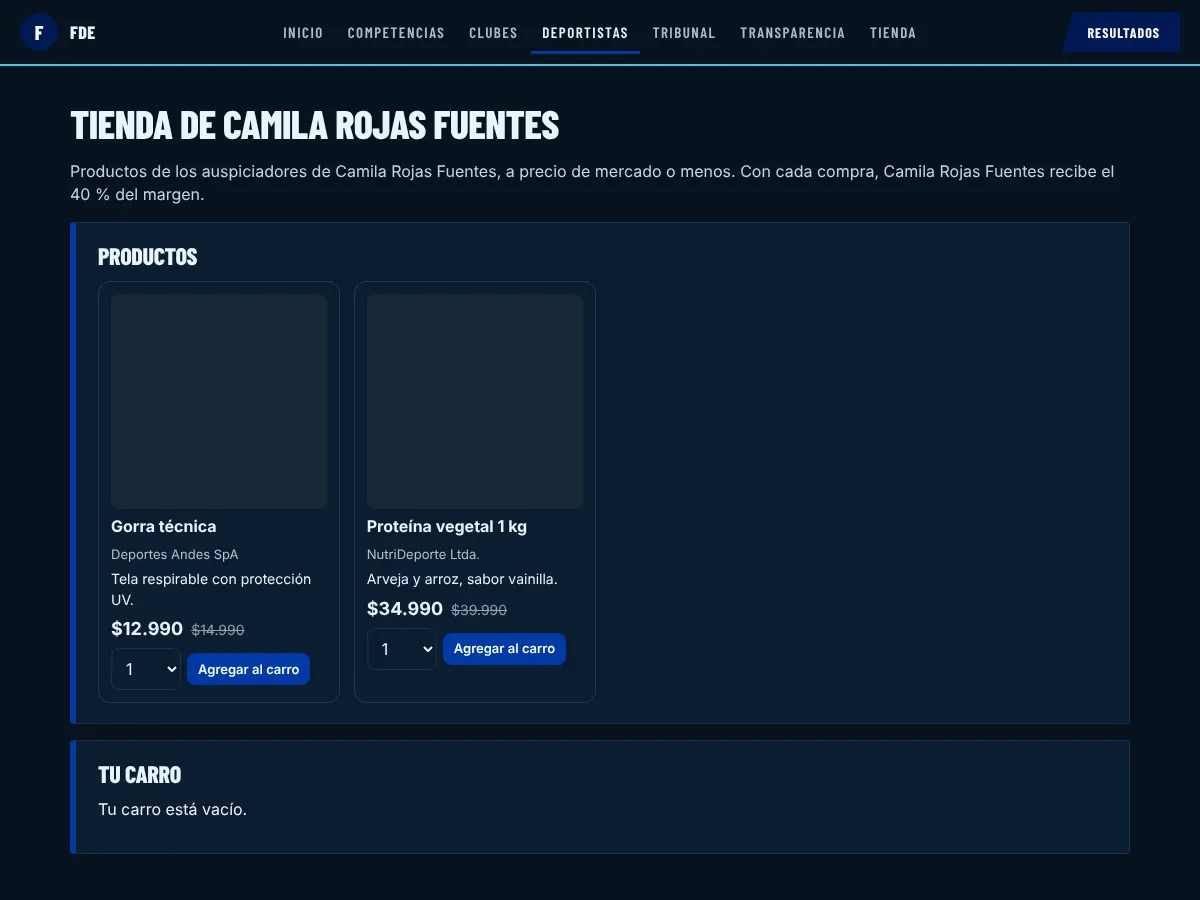 Tienda de la deportista con productos de los auspiciadores